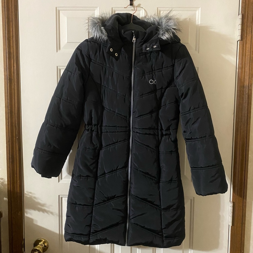 Calvin Klein Big Girls Aerial Jacket Long Length Fleece Lined Hooded XL 16 Black